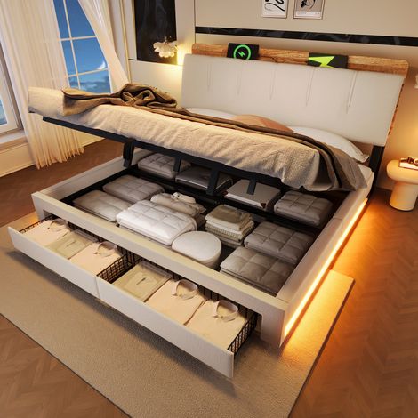 Lit coffre double 180x200 cm avec LED, USB et USB-C, rangement hydraulique, tiroirs, tête de lit rangement, tissu lin beige (1/5)