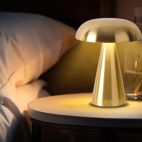 Lampada da scrivania a LED ricaricabile a forma di fungo, in metallo color oro, dimmerabile, con connessione wireless, interfaccia USB, luce bianca calda, funzionamento touch, lampada da comodino, lam