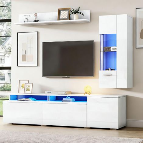 Ensemble de meubles TV 3 pièces - meuble TV+vitrine+étagère murale - Grand espace de rangement - ​​Finition brillante - Blanc