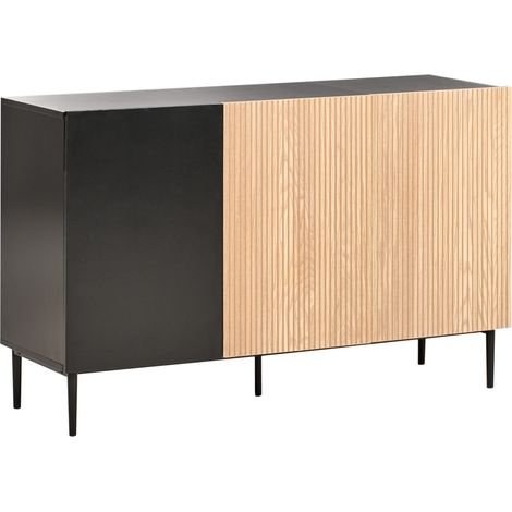 Aparador moderno 3 puertas MDF madera de fresno natural frente acanalado sala de estar negro Blythe (1/5)