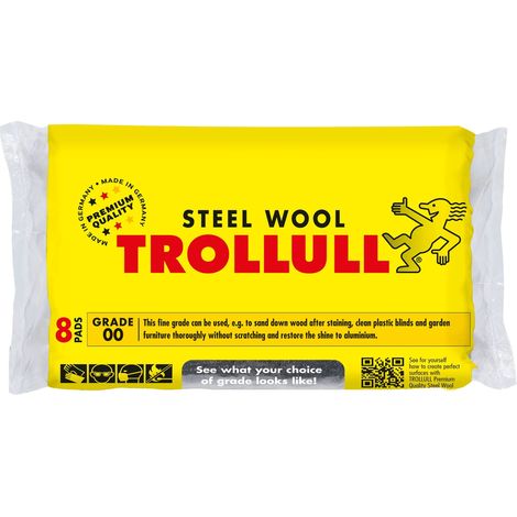 TROLLULL Lana d'acciaio Filo di lana fine 00 può essere utilizzato per carteggiare legno, pulire tende in plastica e mobili da giardino e lucidare alluminio, 8 cuscinetti da 200 g (1/4)