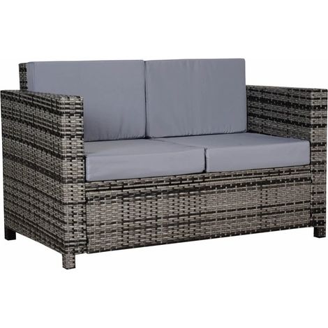 Rattan Sofa, 2 Seater Garden Furniture with Soft Padded Cushion and Armrests, Wicker Garden Loveseat for Patio, Mixed Grey (1/5)