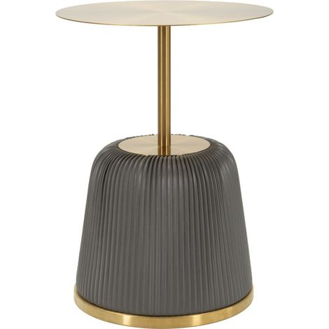 Tavolinetto Egle Grigio - Tavolo da salotto rotondo in metallo e PU, Ø 40x55 cm, finitura grigio e oro - Linea Glam