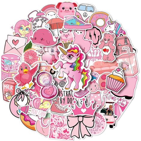 Autocollants roses mignons de dessin animé pour fille, lot de 50, imperméables et résistants aux UV, parfaits pour tous vos appareils électroniques. (1/5)