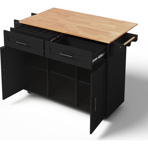 145 x 45 x 94,5 cm, îlot de cuisine mobile multifonctionnel avec plan de travail rabattable, étagères réglables, 5 roulettes, tiroir à couverts dissimulé – adapté aux cuisines, salles à manger, salons