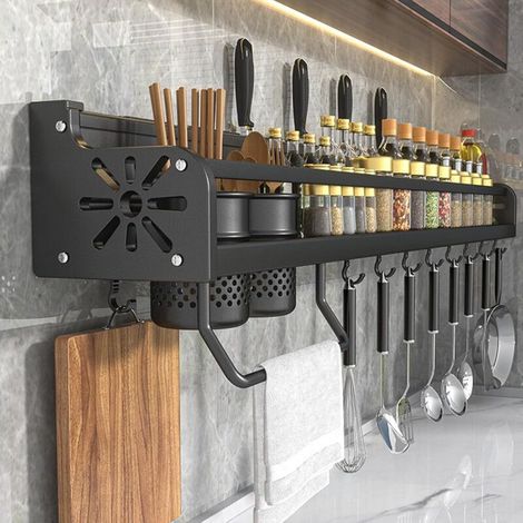 50 cm Wand-Gewürzregal – Küchenutensilienhalter mit Haken – Aufbewahrung für Pfannenwender und Löffel – Einfache Montage