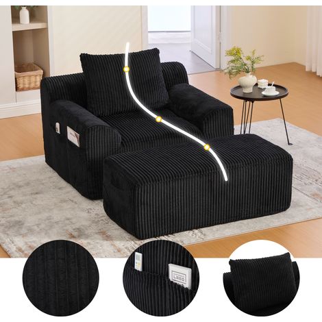 Sillón individual extragrande de pana con reposapiés, bolsillos laterales y cojín sillón acolchado sin armazón, empaquetado individualmente no requiere montaje, ideal para relajarse o leer (pana negra