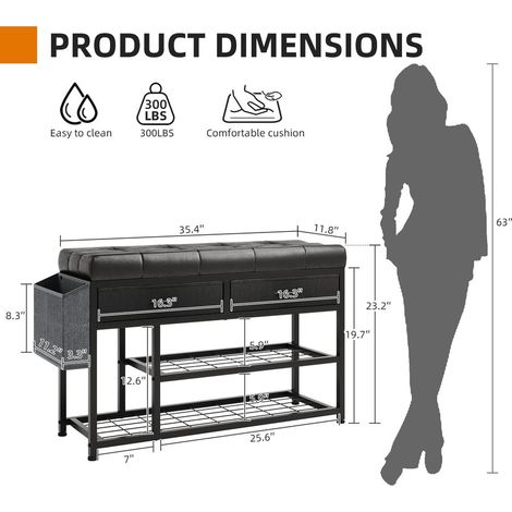 Shoe Bench with Cushion, Storage Bench with Padded Seat, Metal Shoe Rack and Fabric Drawers for Entryway, Bedroom & Living Room (1/5)