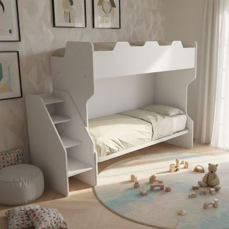 Letto a castello salvaspazio con terzo letto estraibile e scala laterale - Ideale per camerette - Bianco