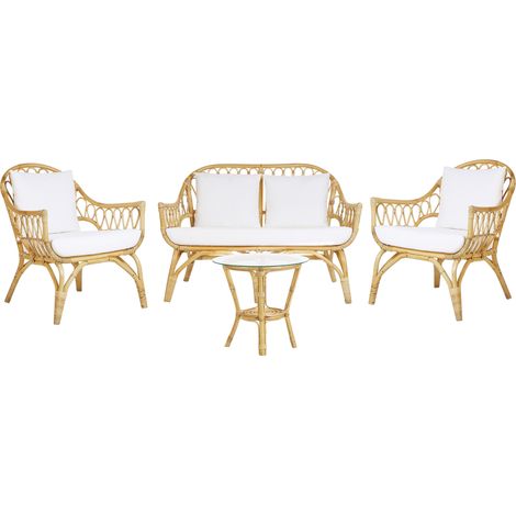 Conjunto de sofá de jardín de 4 plazas sofá de ratán natural 2 sillones mesa de centro redonda tablero de cristal Sibari