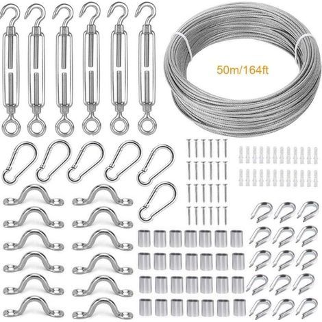 Corde en Acier Inoxydable à Suspendre Kit,50M/2mm Cable en Acier Inoxydable Revêtu,avec M5 Tendeur Câble et Crochet,Accessoires de Cable Inox Pour Rambarde,Cordes à linge,Cable Suspensiondyk- (1/4)
