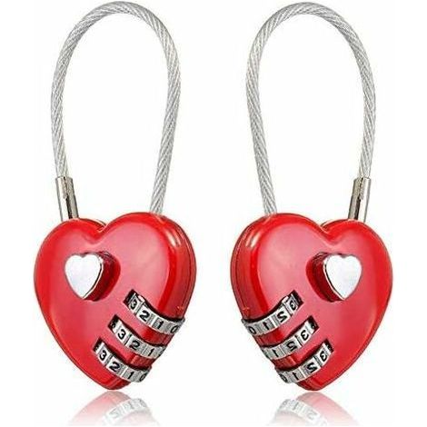 Set of 2 combination padlocks – Heart-shaped portable padlock for backpacks, luggage and jewelry boxes (red) (1/4)