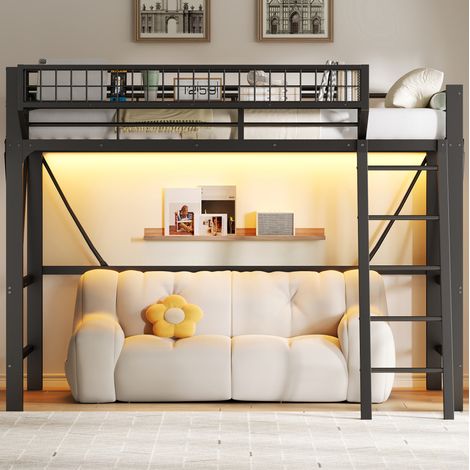 Lit mezzanine enfant 90x200 cm en métal noir, gain de place pour chambre, sans matelas FloraGrace (1/5)
