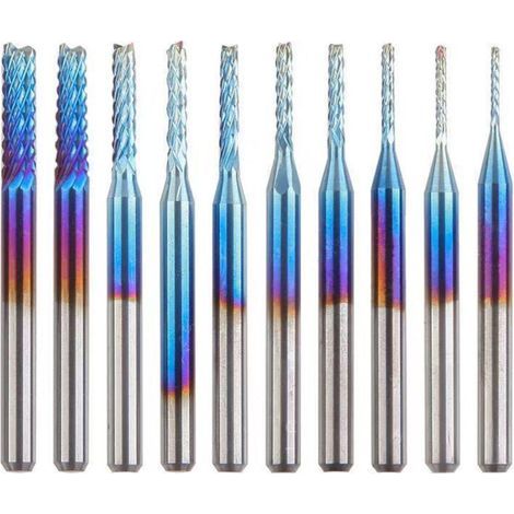 10 CNC-Fräser mit blauer Nano-Beschichtung, 0,8–3,175 mm, 1/8"-Schaft (1/4)
