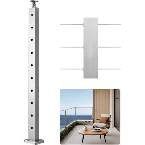 Poteau Garde Corps, 91,4 x 2,5 x 5 cm, Poteau Rampe d'Escalier à Câble, Trous Horizontaux Pré-percés, Support Horizontal Incurvé, pour Main Courante, Balustrade, Argent, 1JZLGZXYS914I4BDB001V0 (1/5)
