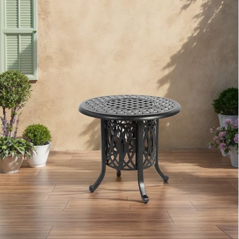 Mesa de jardín de aluminio bronce, redonda, resistente a la intemperie y al óxido (1/5)