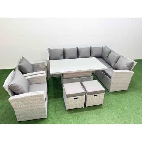 Fimous 10 Seat Rattan Garden Furniture Corner Sofa Set Outdoor Adjustable Lifting Dining or Coffee Table Set with 2 Small Footstools Light Grey (1/4)