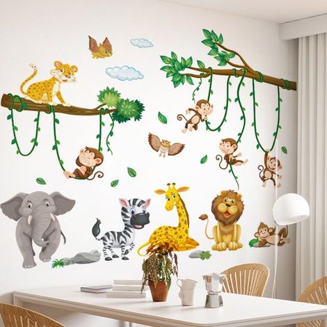 Adesivi murali con animali del bosco e grandi alberi,adesivi murali per una festa a tema animali,decorazioni murali per camerette (1/5)