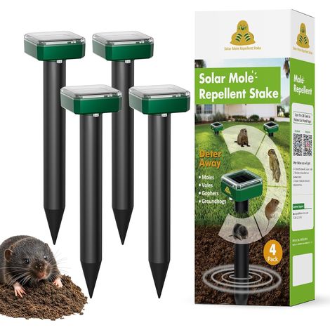 Set mit 4 Mäuseabwehrgeräten für Rasenflächen, solarbetriebene Murmeltier-Vertreiber, Ultraschall-Mäuse-Vertreiber für Gärten, wasserdichtes Streifenhörnchen-Vertreiber für Gärten (wehrt Streifenhörnc