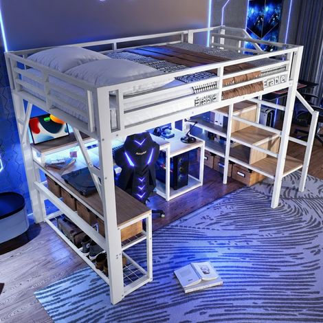 Lit Mezzanine 140x200 cm avec Bureau et Rangement - Cadre Métal, Escalier, LED & USB - Lit Superposé Adulte Ado Blanc (1/5)