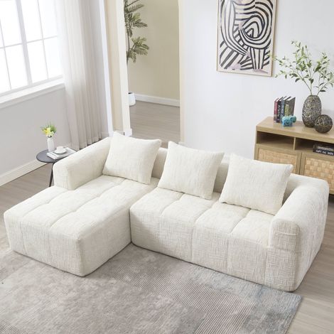 Tanant – Canapé d'angle 3 places avec poches latérales – 3 coussins rembourrés – Tissu chenille beige – Design moderne – Dimensions 158x250x60cm (1/5)