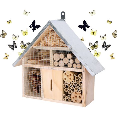 Hôtel à insectes en bois naturel, résistant aux intempéries, abri à papillons, abri à insectes, jardin, observation écologique, pour abeilles, abeilles sauvages, coccinelles, décoration suspendue (1/5)