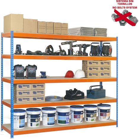 Estantería metálica sin tornillos SIMONRACK de 5 estantes (200x240x60cm) AZUL-NARANJA Y MADERA (1/5)