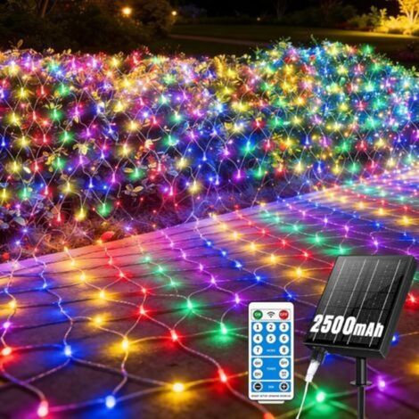 Filet lumineux solaire 2500 mAh, guirlande lumineuse en filet 3 x 2m avec 204 LED, guirlande lumineuse étanche avec 8 modes, minuterie et mémoire, pour intérieur et balcon (1/5)
