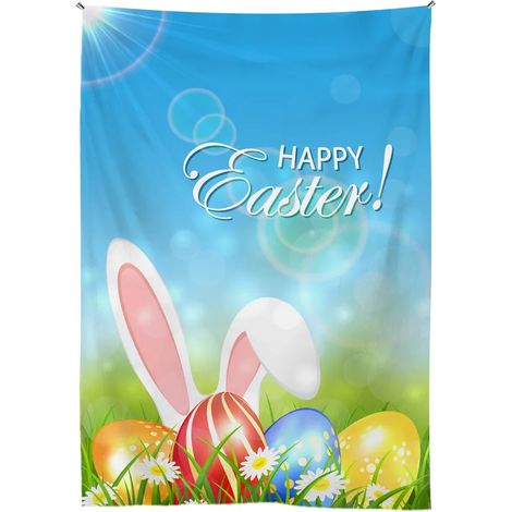 Tapisserie murale à suspendre, impression nette, polyester, motif lapin et œufs, « Joyeuses Pâques », bleue, 100 cm, idéale pour les fêtes. (1/2)
