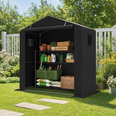 Abri de jardin avec porte enroulable zippée et cadre métallique galvanisé, 190 x 95 x 194 cm - noir (1/5)