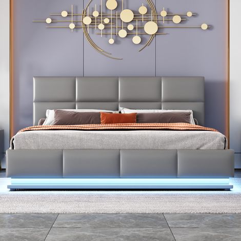 Lit coffre 160x200 cm lit double adulte avec éclairage LED et tête de lit réglable, en cuir artificiel, gris, sans matelas