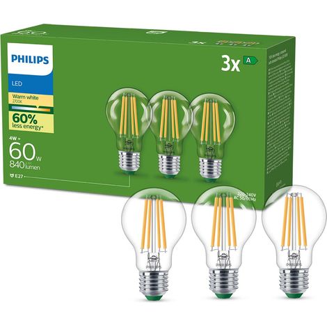 PHILIPS LED Lampadina Goccia a Filamento Classe A Ultra Efficiente, 3 Pezzi, 60W, E27, Luce Bianca Calda (1/5)
