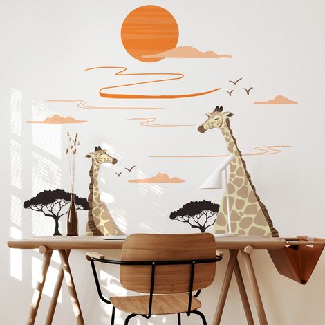 Sticker mural girafe soleil pour chambre d'enfant, dessin animé, forêt africaine, animaux, décoration murale artistique (1/5)