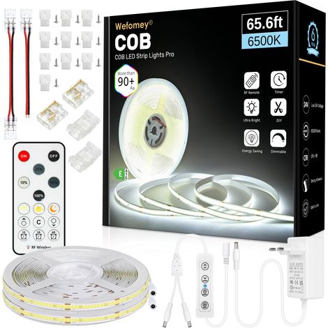 Bande LED COB de 20 m, bande LED à intensité variable de 24 V, blanc froid 6500 K, largeur de 8 mm, CRI 90+, bande lumineuse LED haute densité pour décoration de la maison, miroir, escalier, meuble de (1/5)