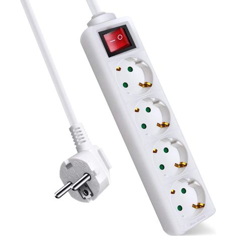 Rallonge avec 4 prises et interrupteur, câble 5 m, pour la maison, le bureau et les voyages, 16 A, 250 V, 3680 W, blanc (1/5)