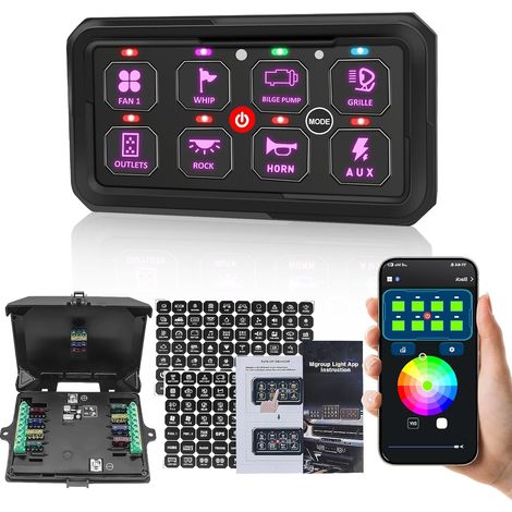 RGB 8 gang Panneau d'interrupteurs avec contrôle par app 12-24V Luminosité automatique, rétroéclairage intelligent 12V rétroéclairage LED universel, panneau d'interrupteurs marins étanches (1/5)