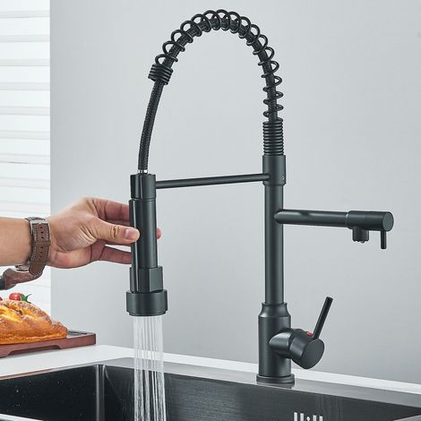 Robinet de cuisine à ressort noir, rotatif à 360°, Mitigeur de Cuisine avec 2 sorties (jet et pulvérisation), haute pression en Acier Inoxydable