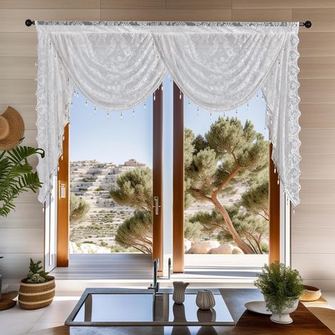 Rideau en Dentelle – Rideau Court Décoratif avec Pampilles et Perles, Motif Floral Semi-Transparent, pour Chambre, Salon, Cuisine ou Sous-Sol, 150 x 105 cm (1/5)