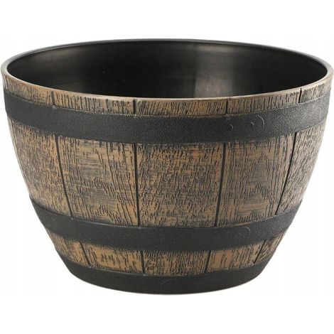 Pot de fleurs imitation bois brun foncé, 33 cm, forme tonneau