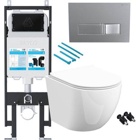 Gloss White Rimless D Shape Wall Hung Toilet with 1.14m Concealed Cistern Frame Set - Chrome Plate (1/4)