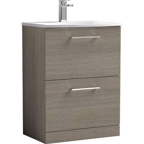 Balterley  Modern Bathroom Floor Standing 2-Drawer Vanity & Curved Basin, Solace Oak, 600mm (1/4)