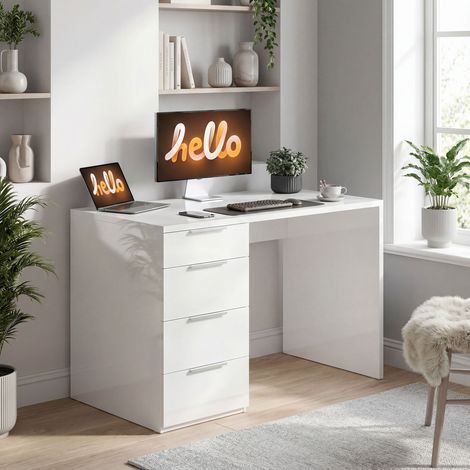 Hochglanz-Computertisch mit 4 Schubladen, 110 x 60 cm, Schreibtisch mit Stauraum, moderner Stil, weiß (1/5)