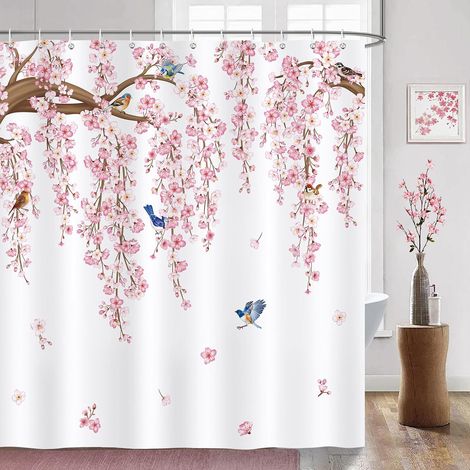 Rideau de Douche Fleurs Cerisier Rose Sakura Oiseaux Rideau de Bain Tissu Polyester Anti Moisissure Imperméable Lavable Rideaux Salle de Bain 180 x 180 cm avec 12 Crochets pour Baignoire (1/4)