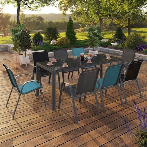 Conjunto de muebles de jardín MADRID mesa 190 cm y 8 sillas apilables mix color azul, gris y negro