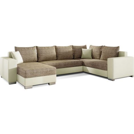 Canapé U convertible tissu beige chiné et simili beige coffre de rangement à gauche Marry 321cm (1/5)