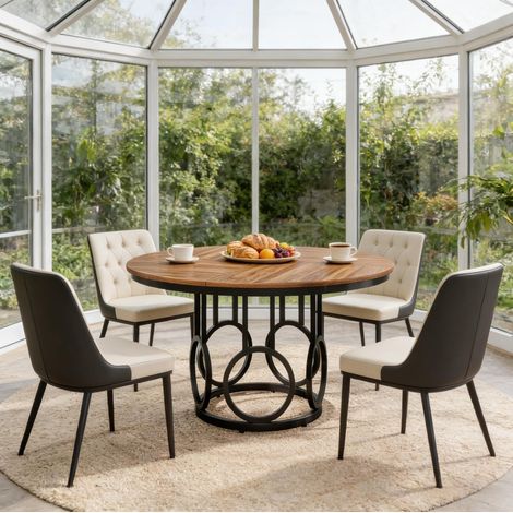 Table à manger ronde MDF noyer foncé et métal noir 120x75 cm, pour 4 à 6 personnes (1/5)