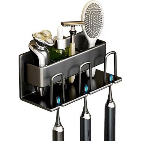 Porte-brosse à dents mural sans perçage, accessoire de salle de bain - 3 emplacements avec porte-gobelet (1/5)