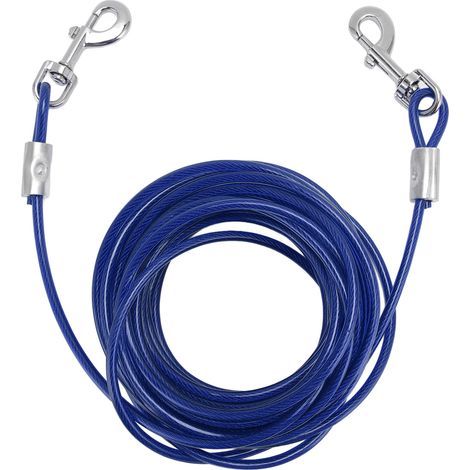 Câble d'attache pour chien, fil d'acier, double tête, résistant aux morsures, laisse de camping en plein air pour petits, moyens et grands chiens, bleu 6mm x 3 mètres/0,24 pouces x 9,8 pieds (1/5)