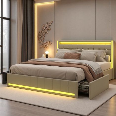 Lattenrost Doppel 140x200 - Integrierter Stauraum - 4 Schubladen - RGB LEDs - Umweltfreundlicher Leinenstoff Beige