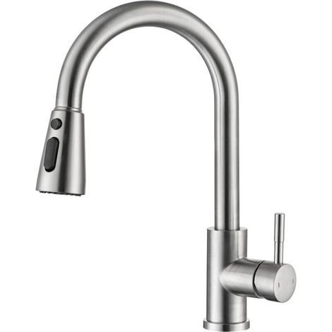 Single-handle kitchen faucet in brushed nickel with pull-out spray head, modern and commercial style, in stainless steel (1/4)